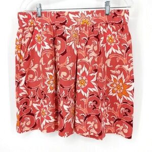 Ann Taylor Loft Linen Blend Floral Print Pleated Skirt Red Orange Women's Size M